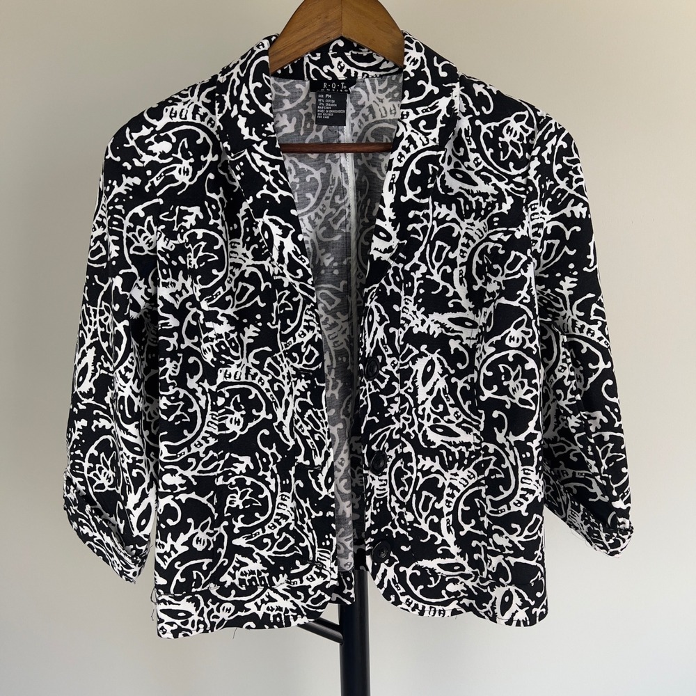 RQT Petite Womens PM Black White Abstract Swirl Print Cropped Blazer Jacket